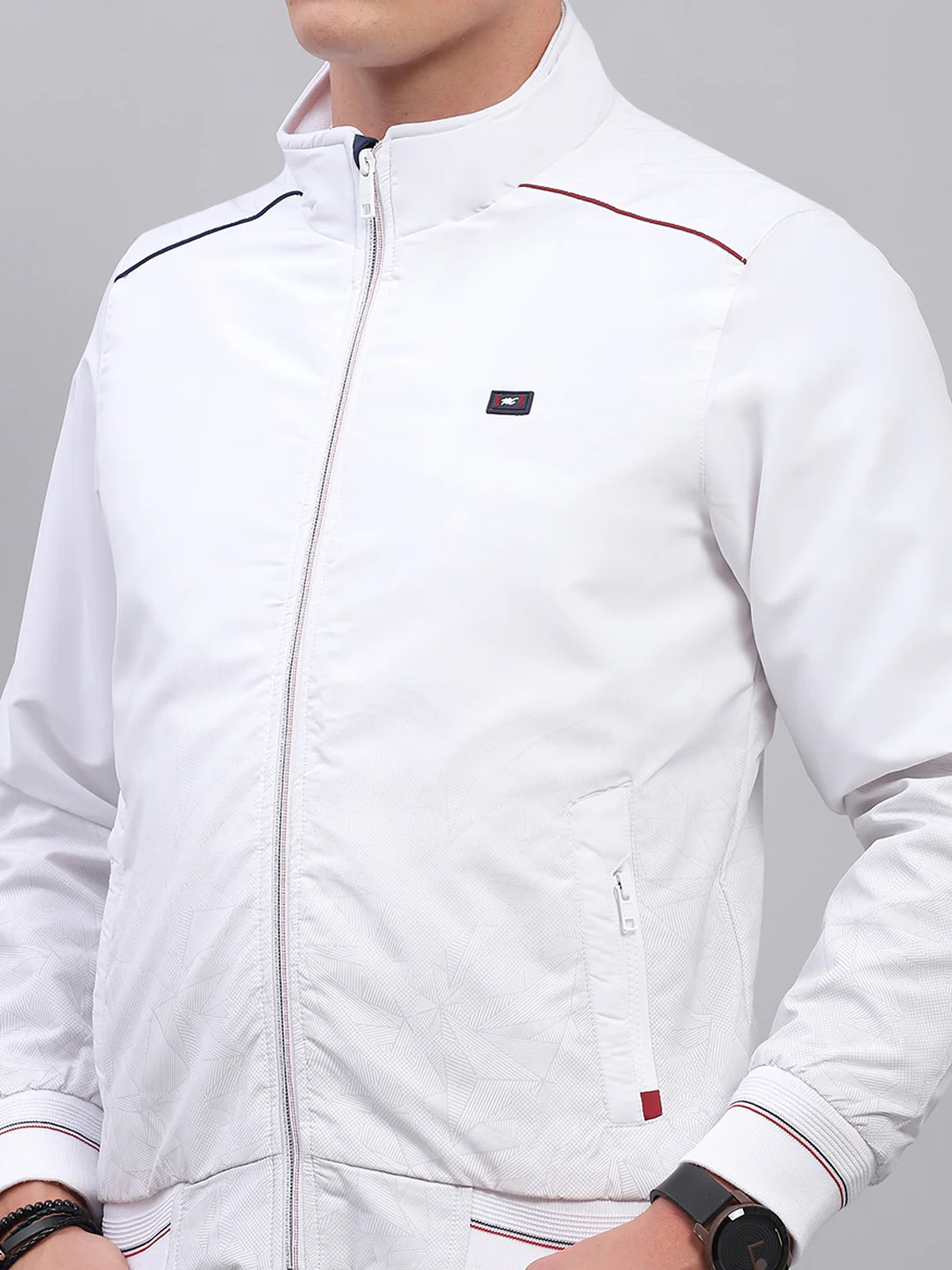 Men White Solid Mock Neck Full Sleeve Jacket - Image 6