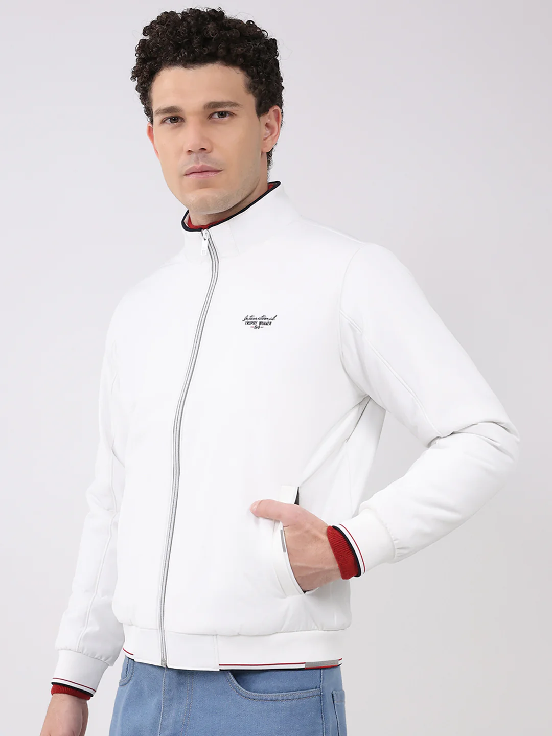Men White Solid Mock Neck Full Sleeve Jacket - Image 3