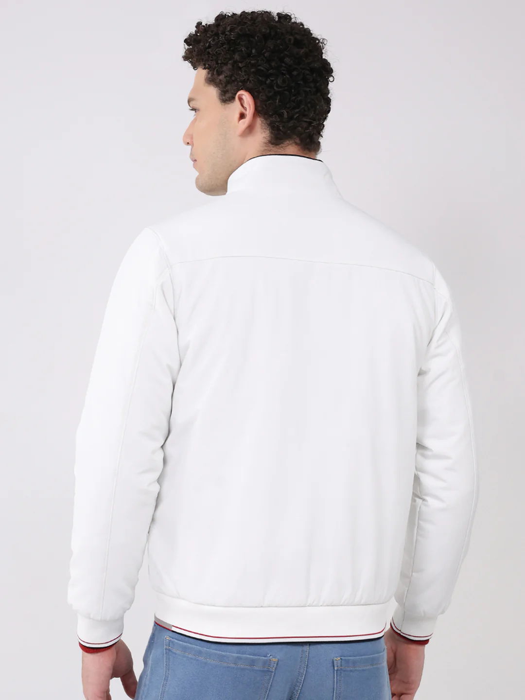 Men White Solid Mock Neck Full Sleeve Jacket - Image 5