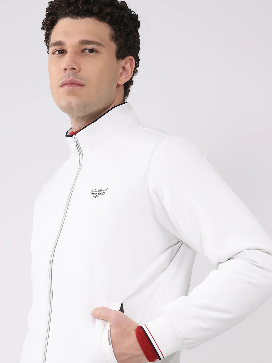 Men White Solid Mock Neck Full Sleeve Jacket - Image 6