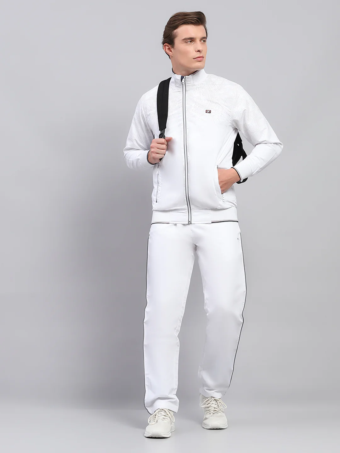 Men White Solid Mock Neck Full Sleeve Winter Tracksuit - Image 2