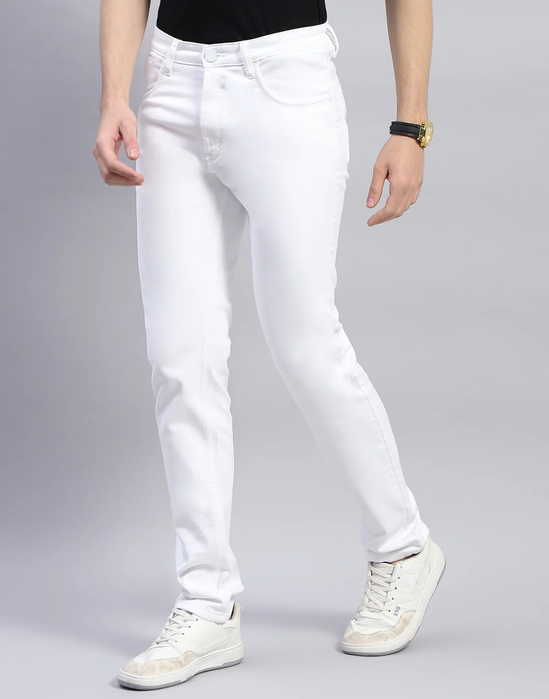 Men White Solid Narrow Fit Denim - Image 3