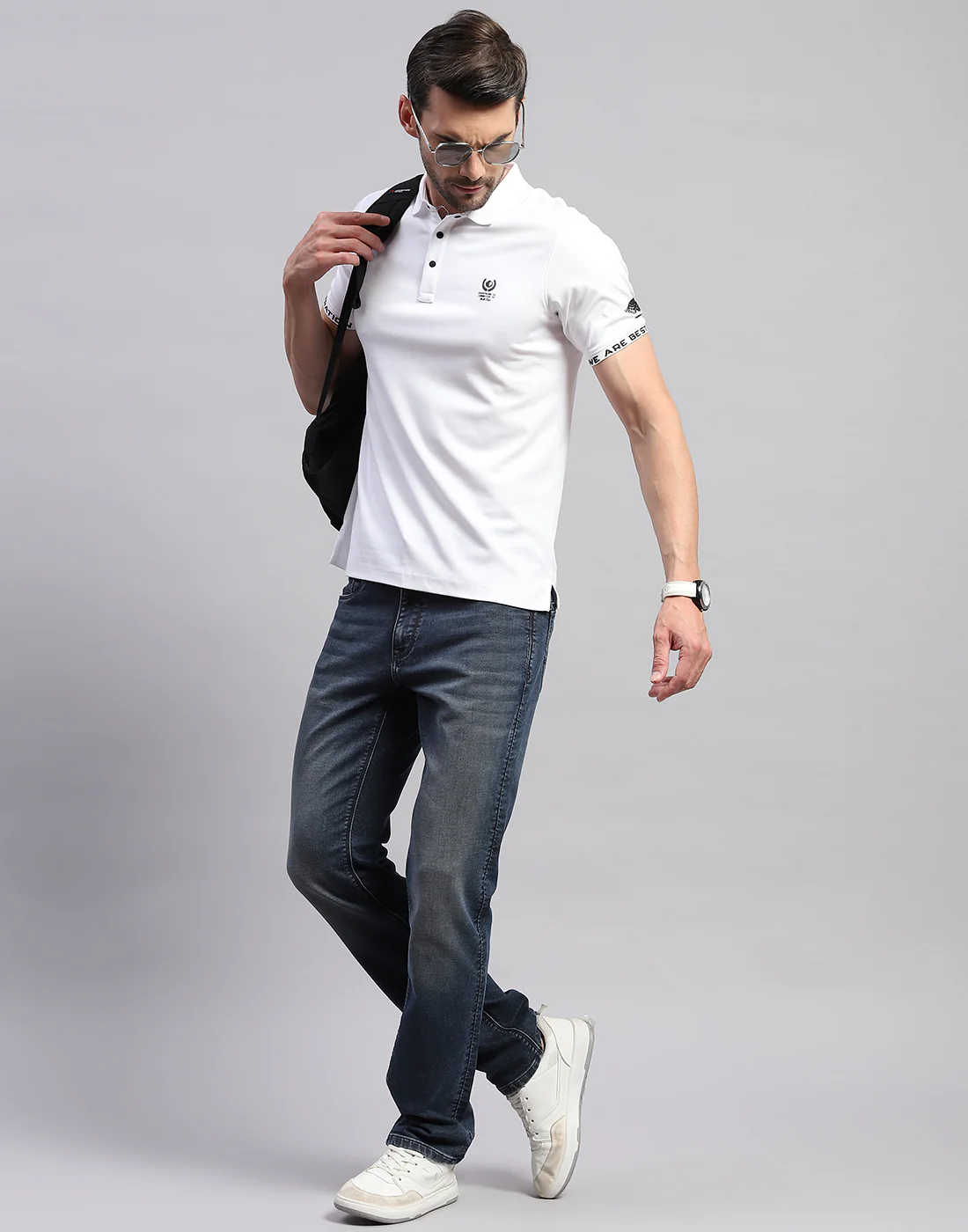 Men White Solid Polo Collar Half Sleeve T-Shirt - Image 2