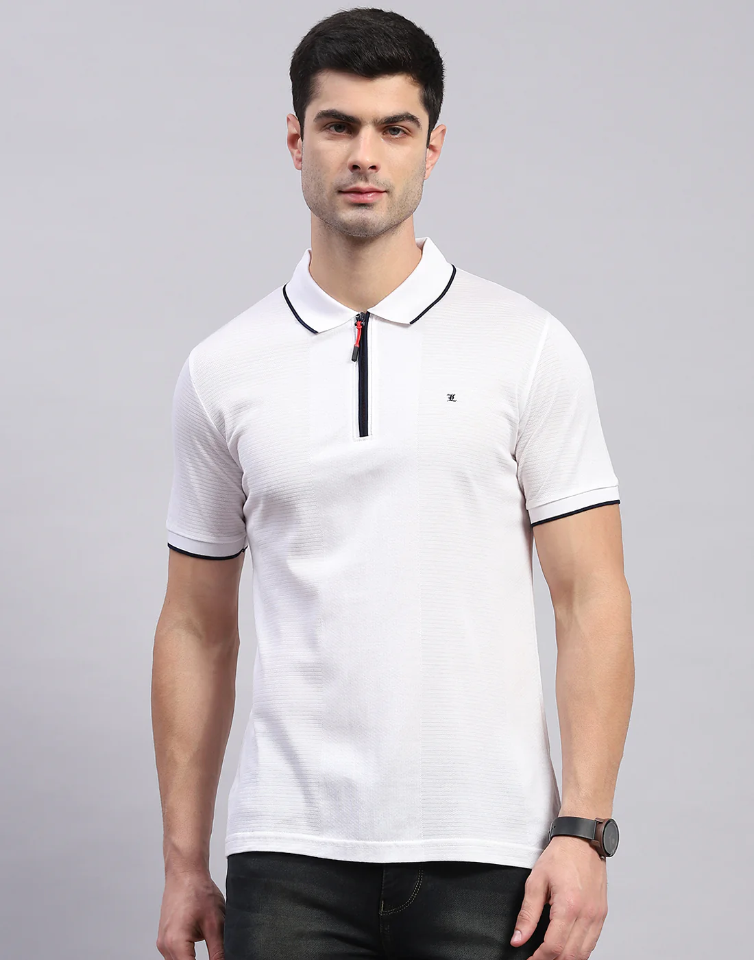 Men White Solid Polo Collar Half Sleeve T-Shirt - Image 2