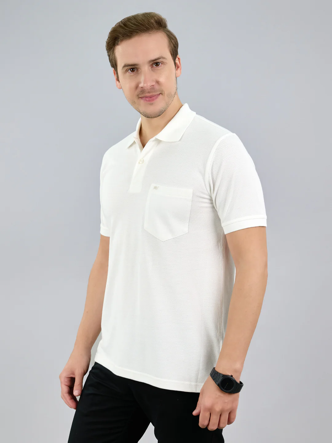 Men White Solid Polo Collar Half Sleeve T-Shirt - Image 2