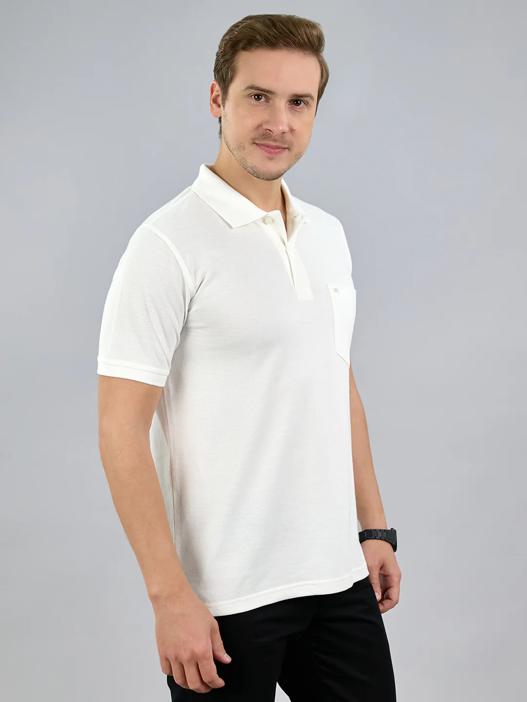 Men White Solid Polo Collar Half Sleeve T-Shirt - Image 3