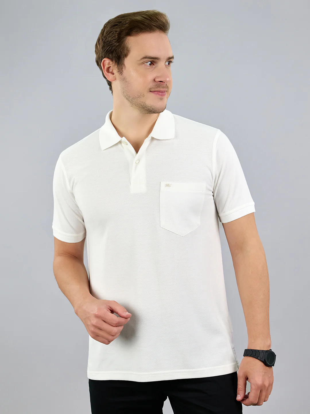 Men White Solid Polo Collar Half Sleeve T-Shirt - Image 5