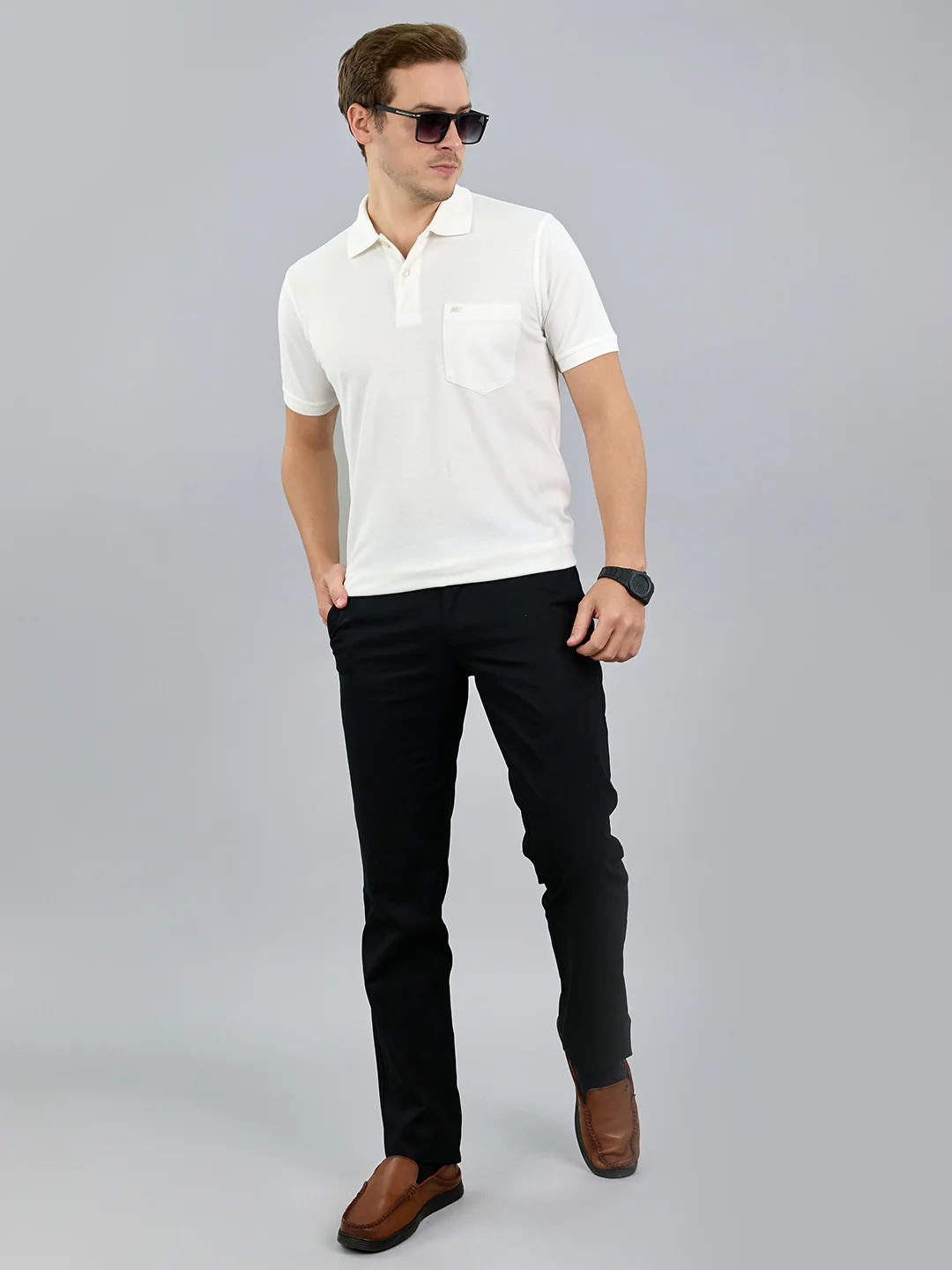 Men White Solid Polo Collar Half Sleeve T-Shirt - Image 7