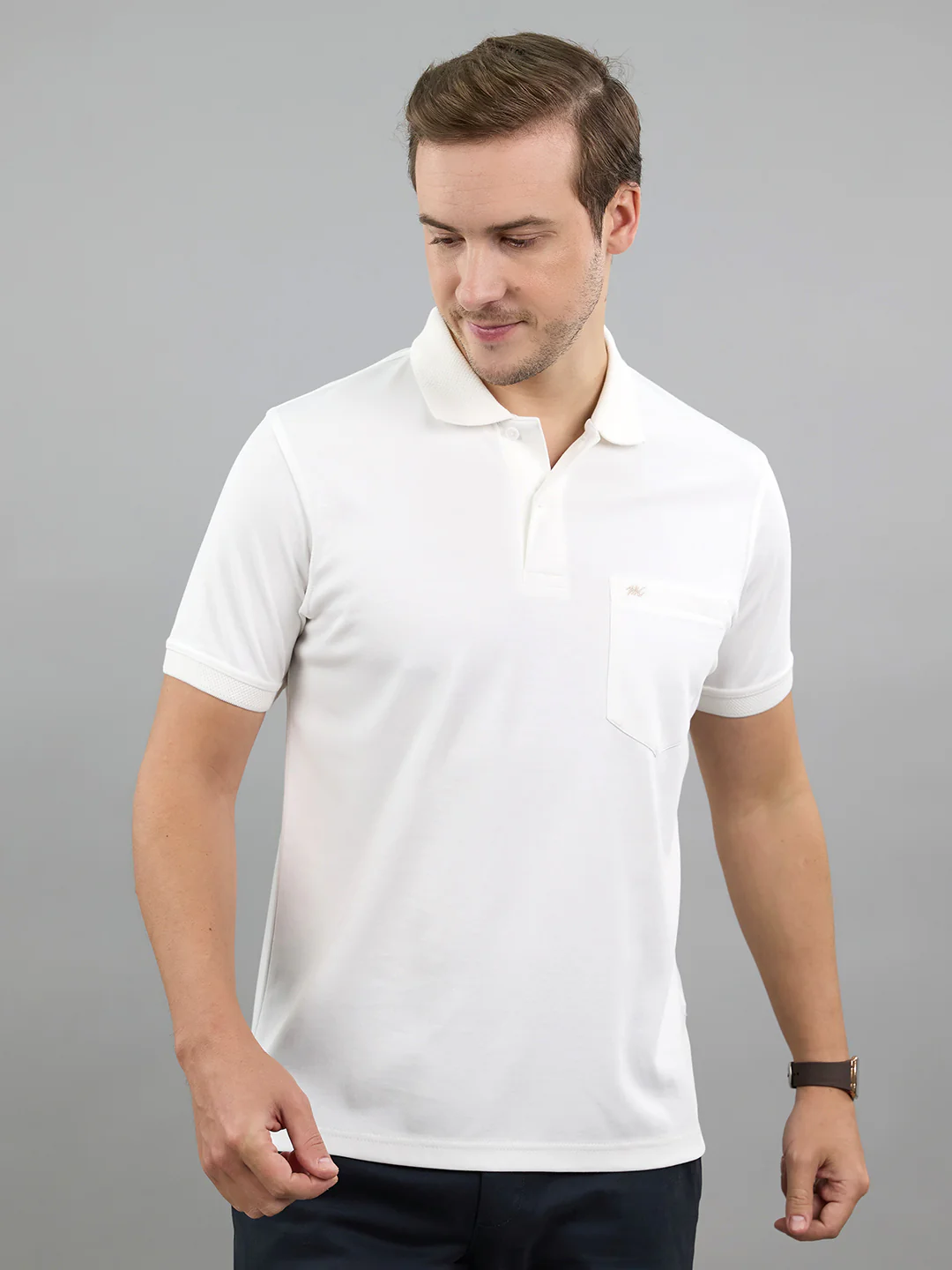 Men White Solid Polo Collar Half Sleeve T-Shirt - Image 2