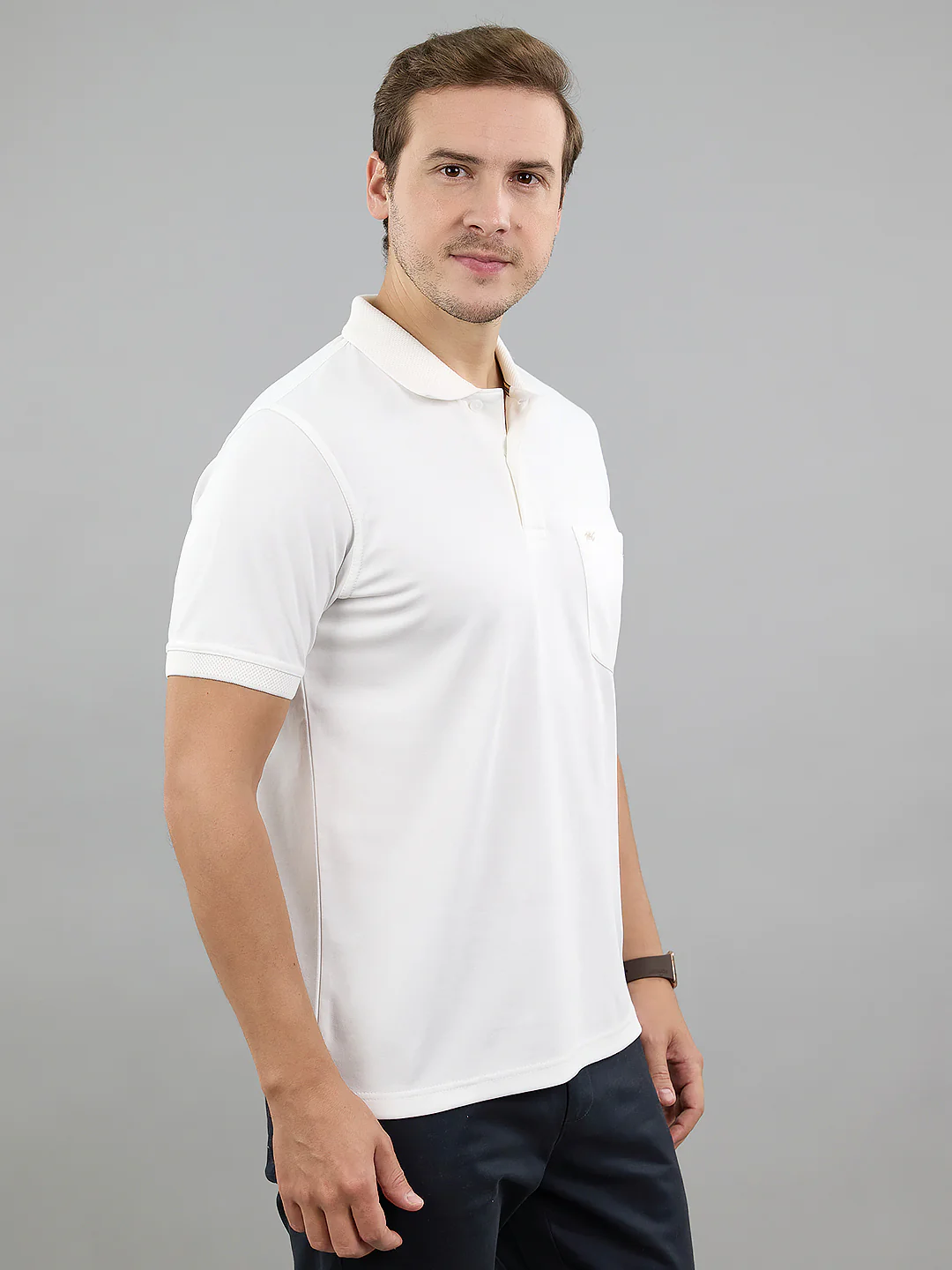Men White Solid Polo Collar Half Sleeve T-Shirt - Image 4