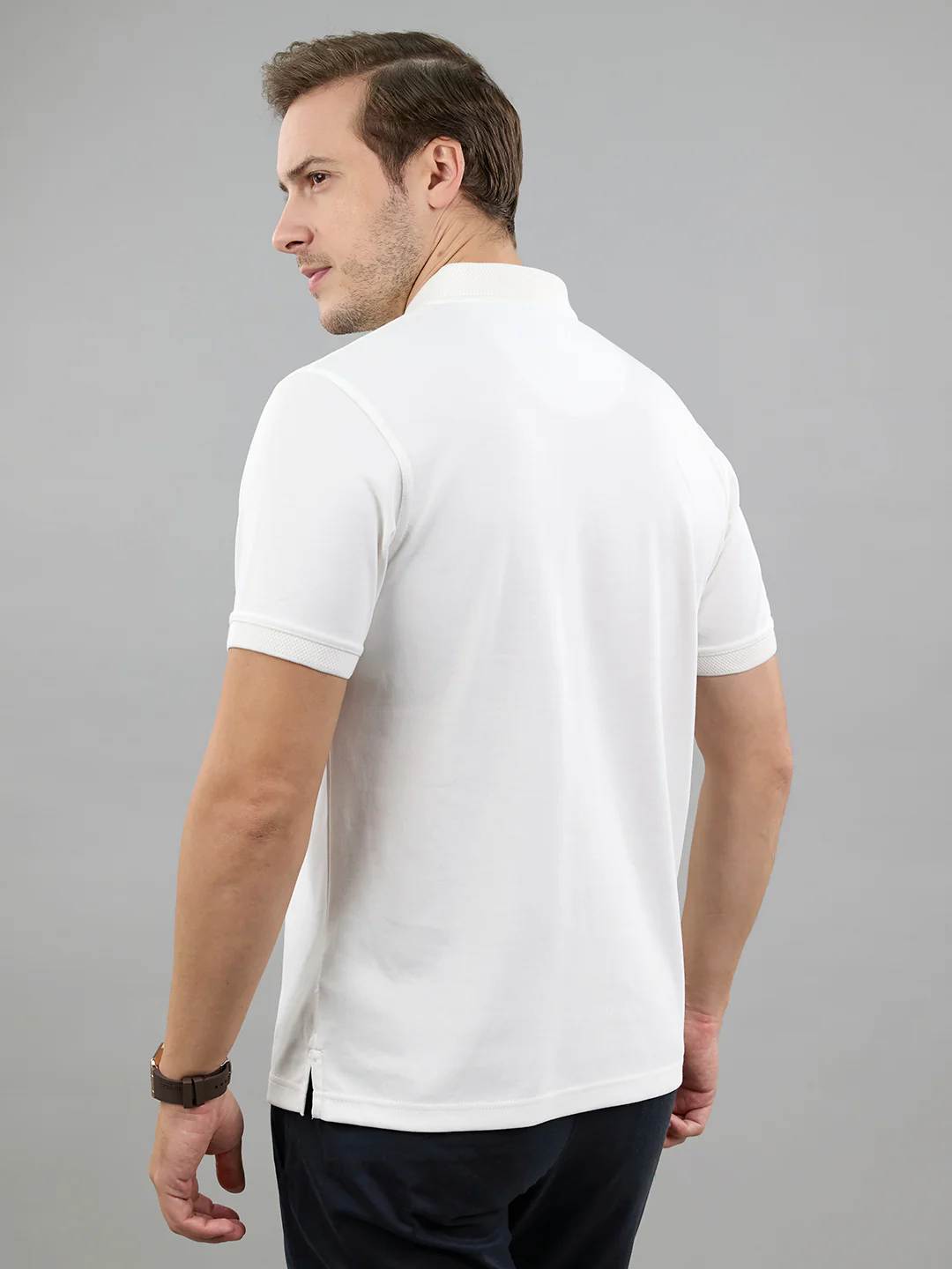 Men White Solid Polo Collar Half Sleeve T-Shirt - Image 5