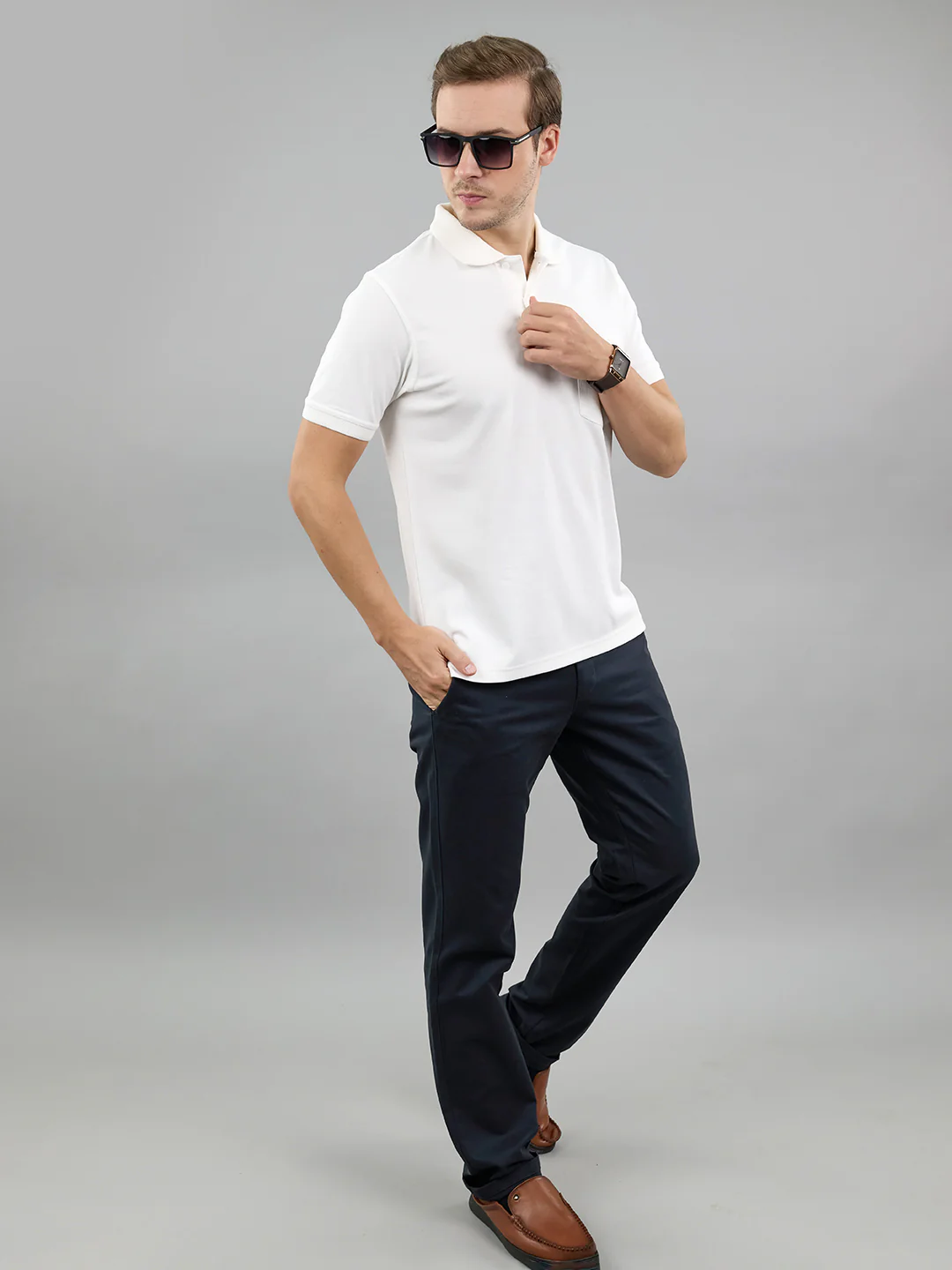 Men White Solid Polo Collar Half Sleeve T-Shirt - Image 7