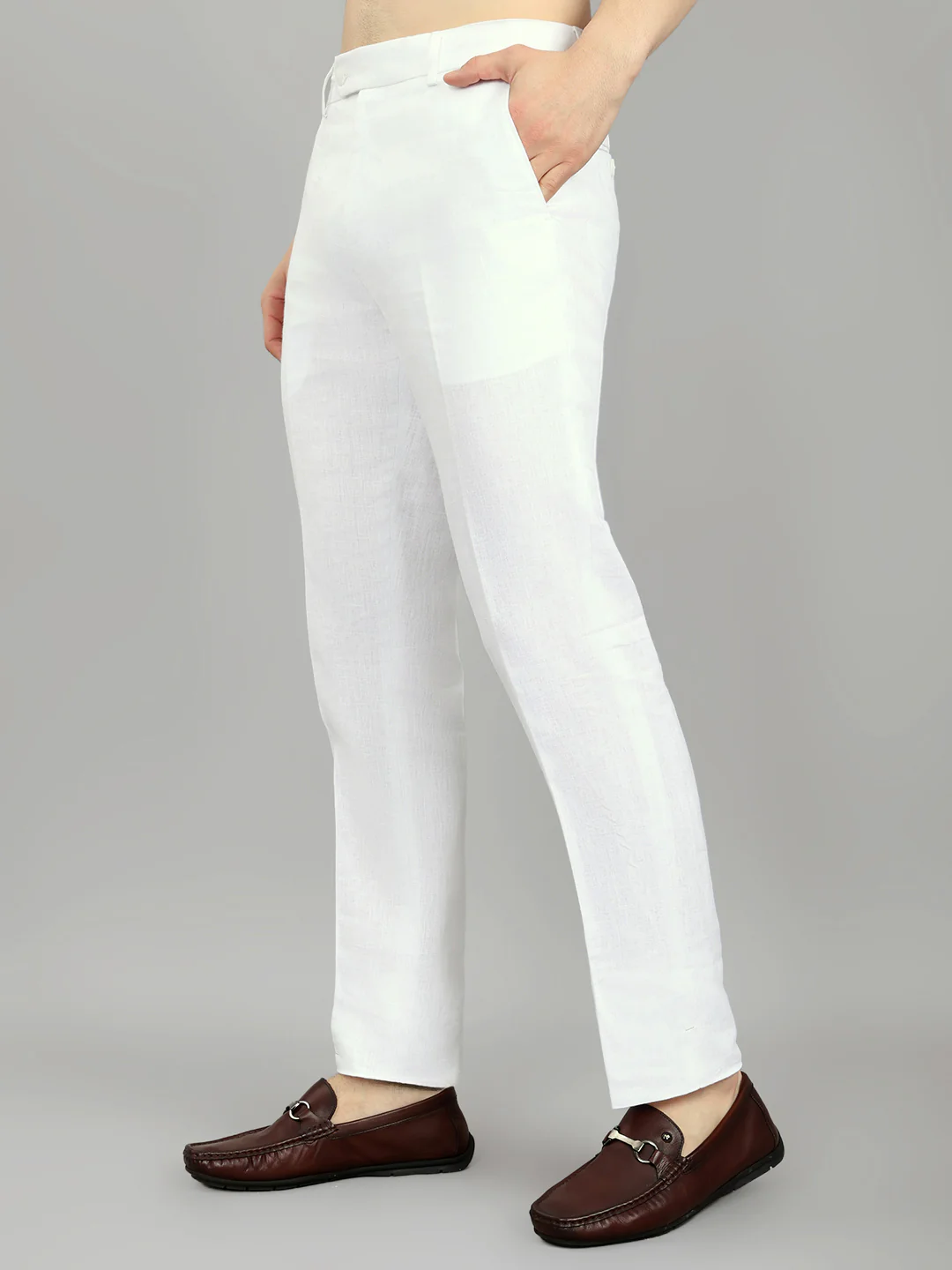 Men White Solid Regular Fit Trouser - Image 2