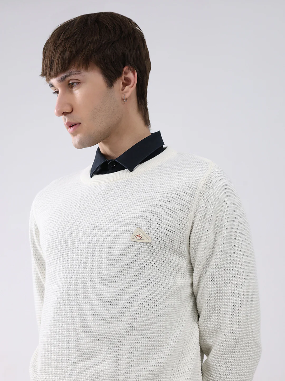 Men White Solid Round Neck Full Sleeve Pullover - Image 6