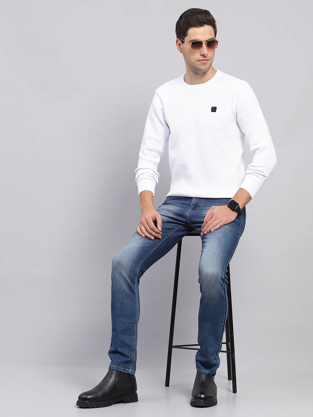 Rock.it Men White Solid Round Neck Full Sleeve Pullover - Image 2