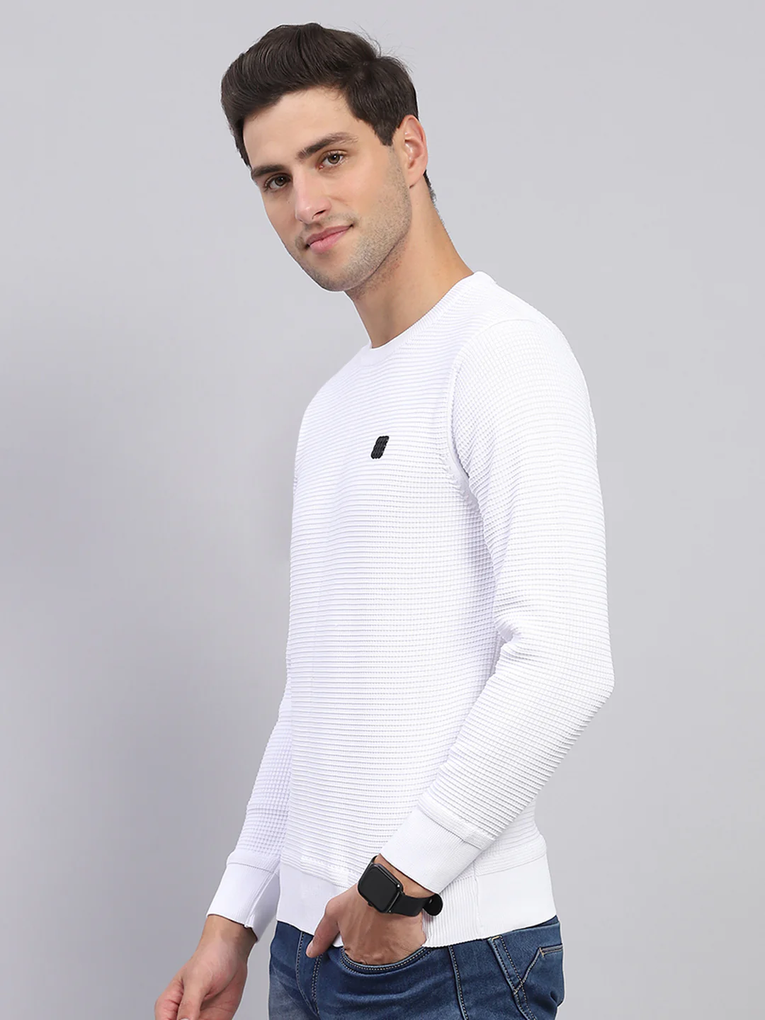 Rock.it Men White Solid Round Neck Full Sleeve Pullover - Image 3
