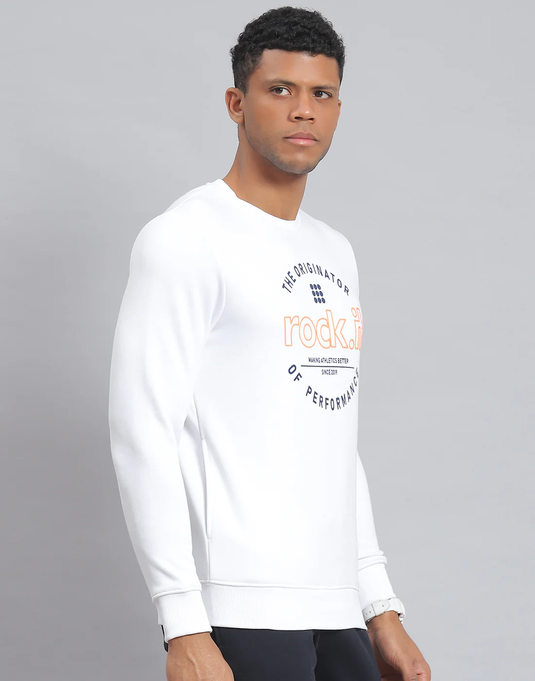 Rock.it Men White Solid Round Neck Full Sleeve Sweatshirt - Image 4