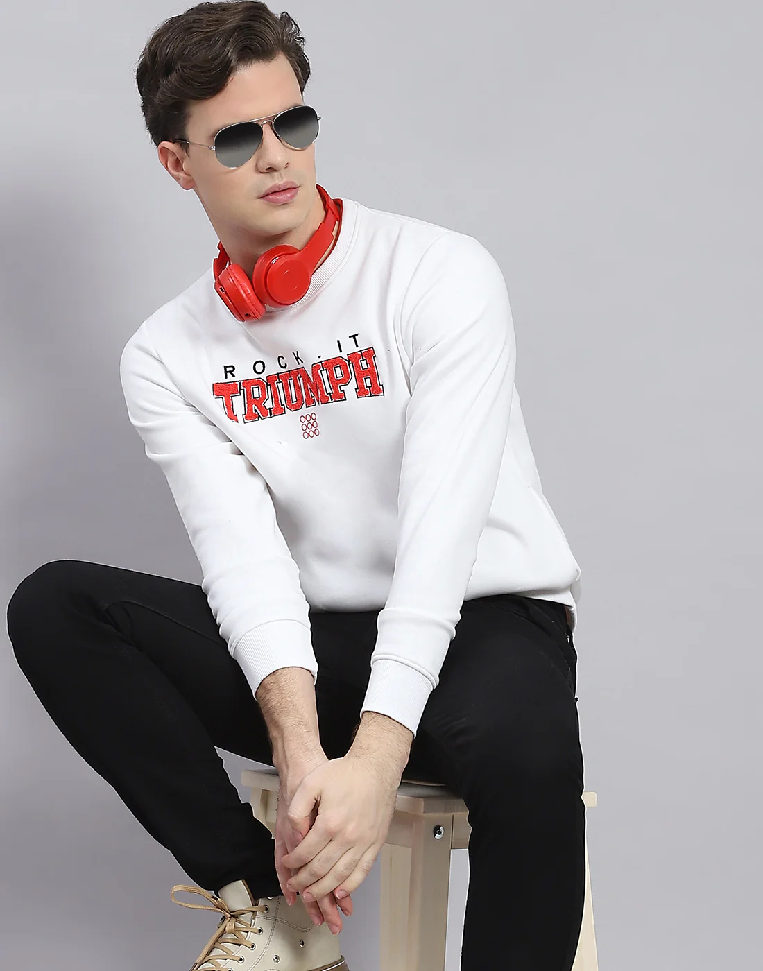 Rock.it Men White Solid Round Neck Full Sleeve Sweatshirt - Image 2