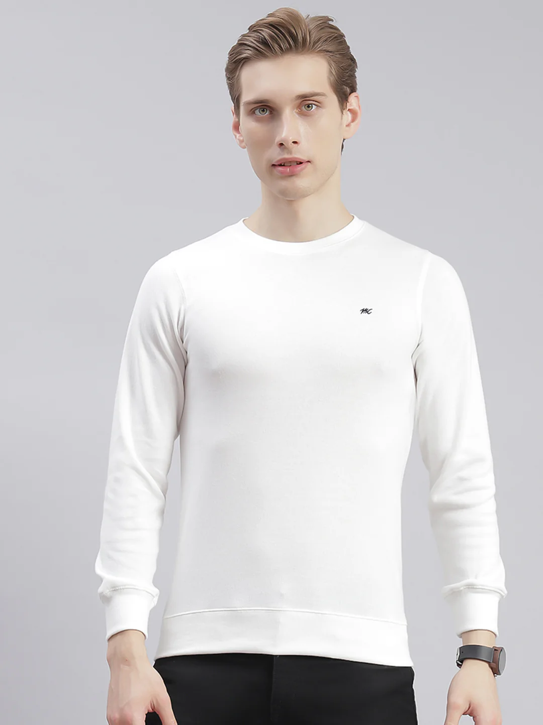 Men White Solid Round Neck Full Sleeve T-Shirts - Image 2