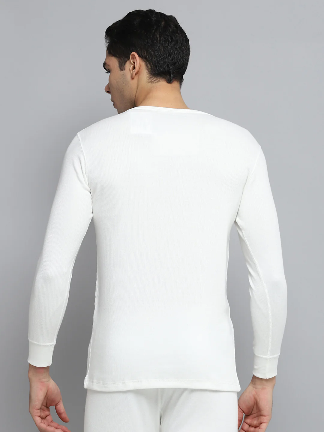Men White Solid Round Neck Full Sleeve Thermal Vest - Image 5
