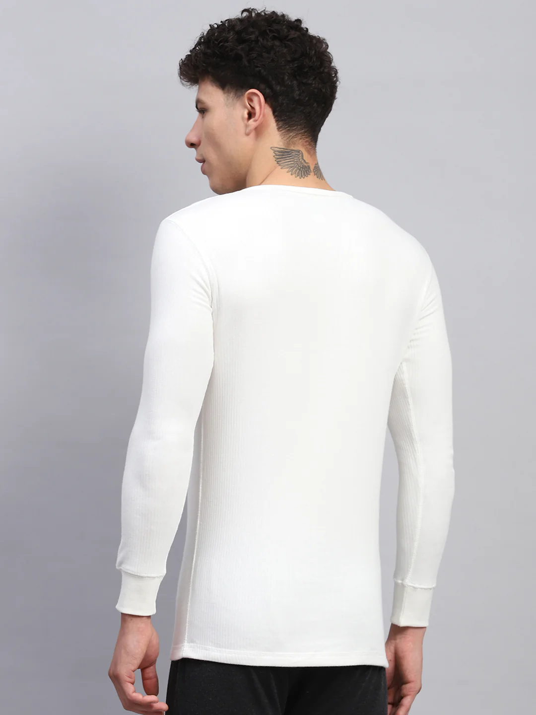 Men White Solid Round Neck Full Sleeve Thermal Vest - Image 5