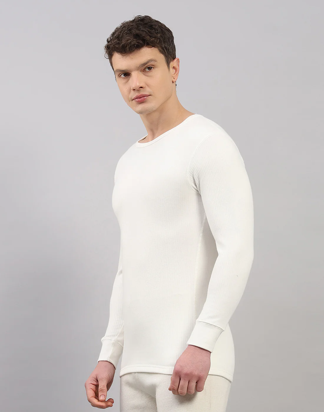 Men White Solid Round Neck Full Sleeve Thermal Vest - Image 2