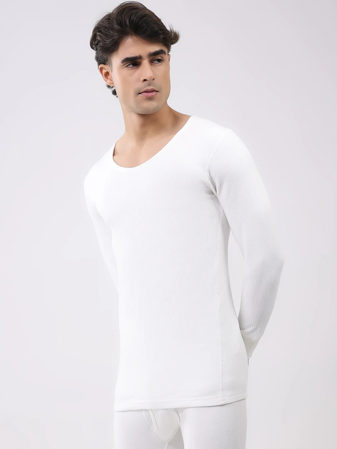 Men White Solid Round Neck Full Sleeve Thermal Vest - Image 3