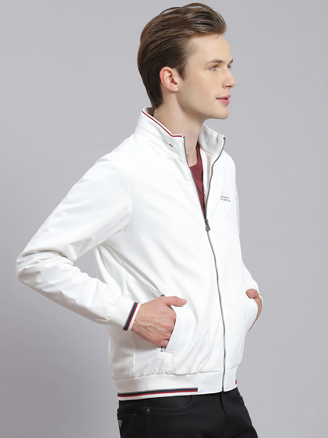 Men White Solid Stand Collar Full Sleeve Jacket - Image 3
