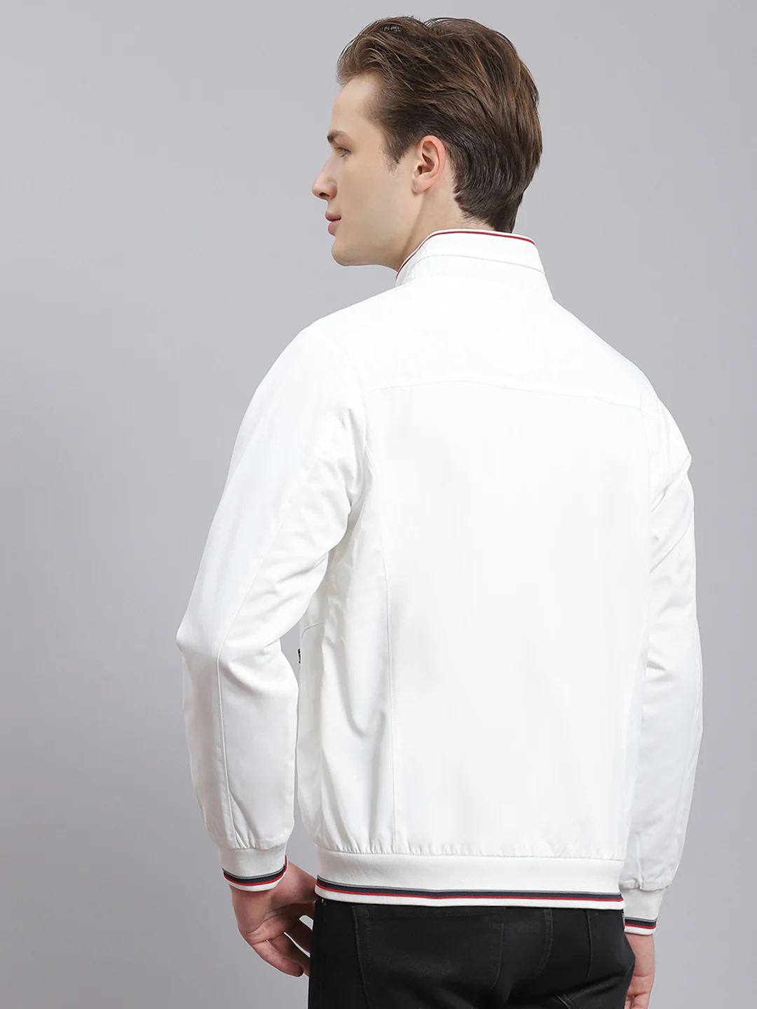 Men White Solid Stand Collar Full Sleeve Jacket - Image 4