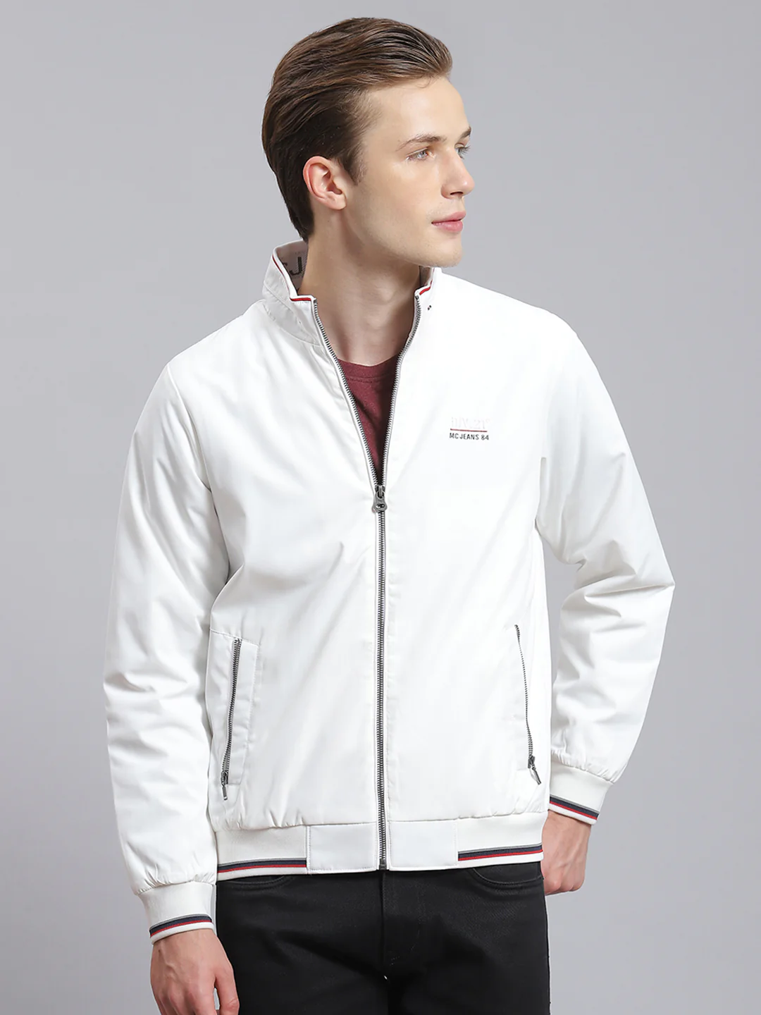 Men White Solid Stand Collar Full Sleeve Jacket - Image 5