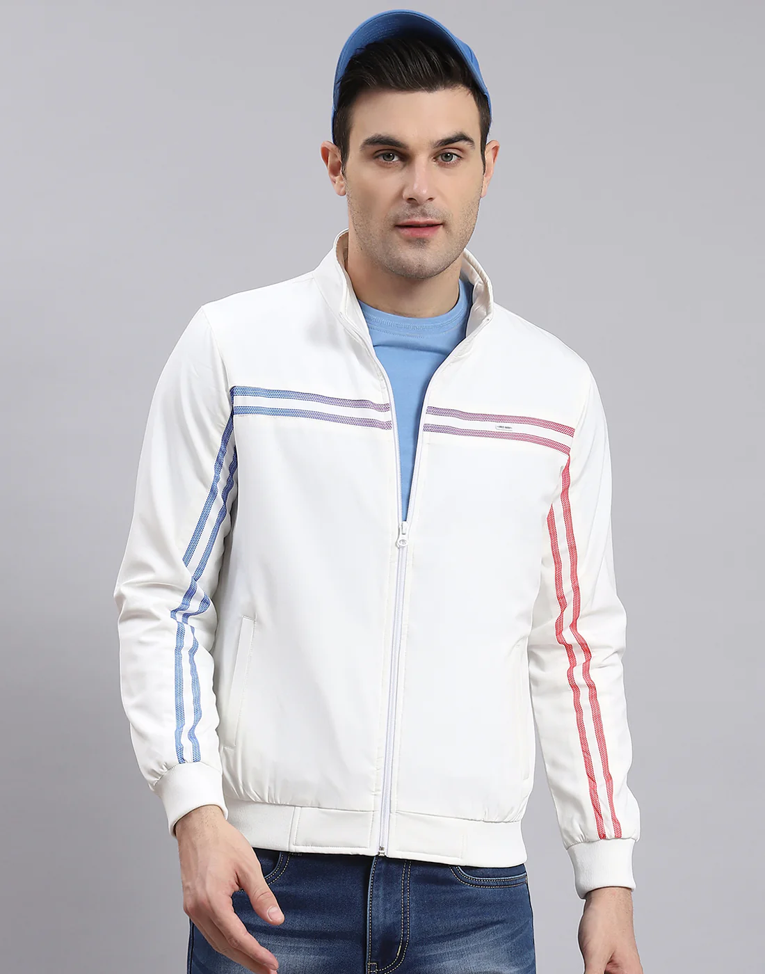 Men White Solid Stand Collar Full Sleeve Jacket - Image 2