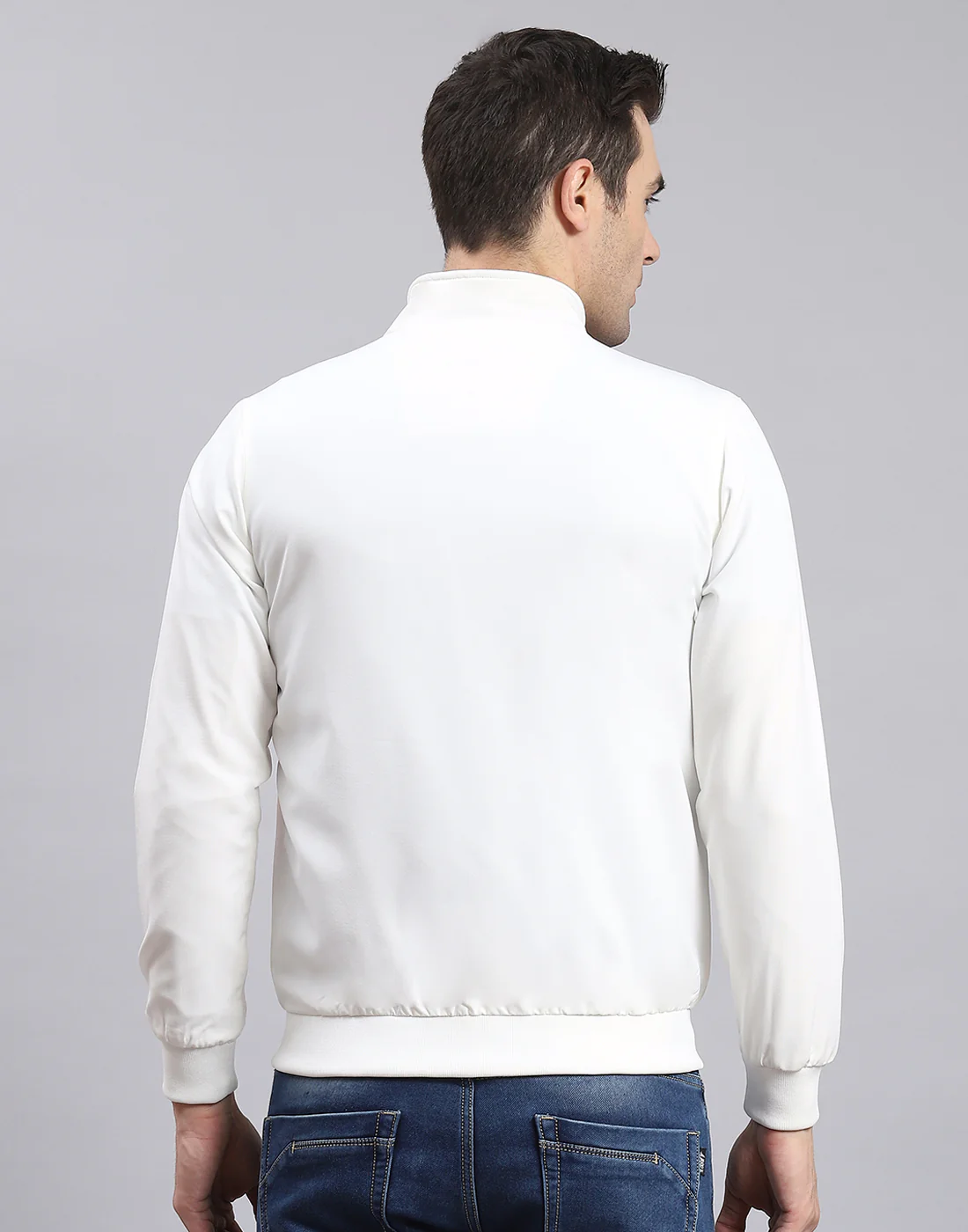 Men White Solid Stand Collar Full Sleeve Jacket - Image 6
