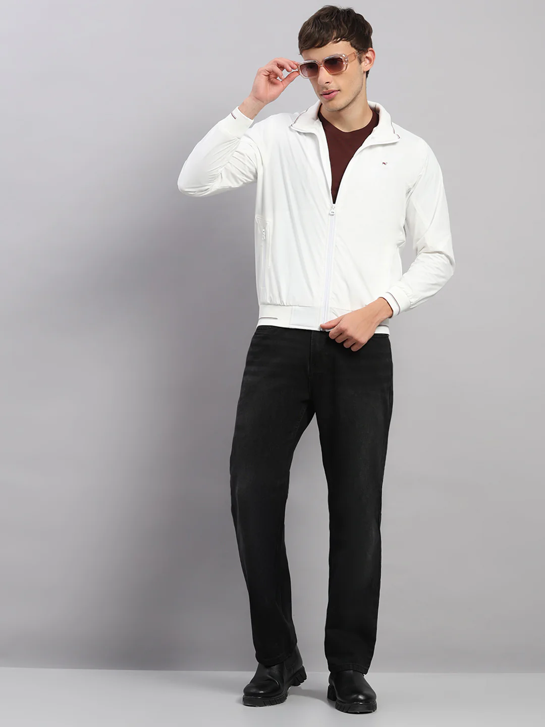 Men White Solid Stand Collar Full Sleeve Jacket - Image 2