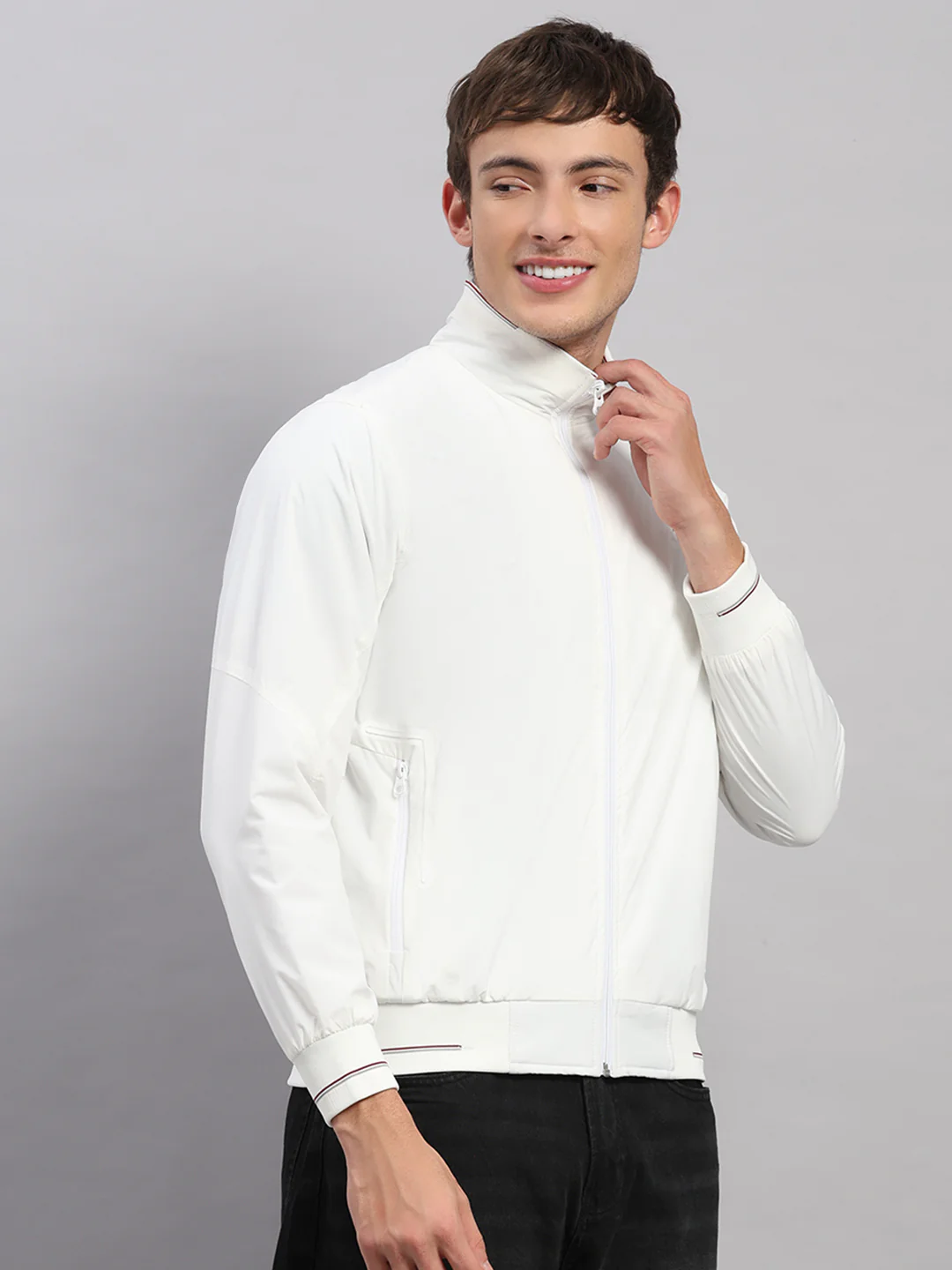 Men White Solid Stand Collar Full Sleeve Jacket - Image 4