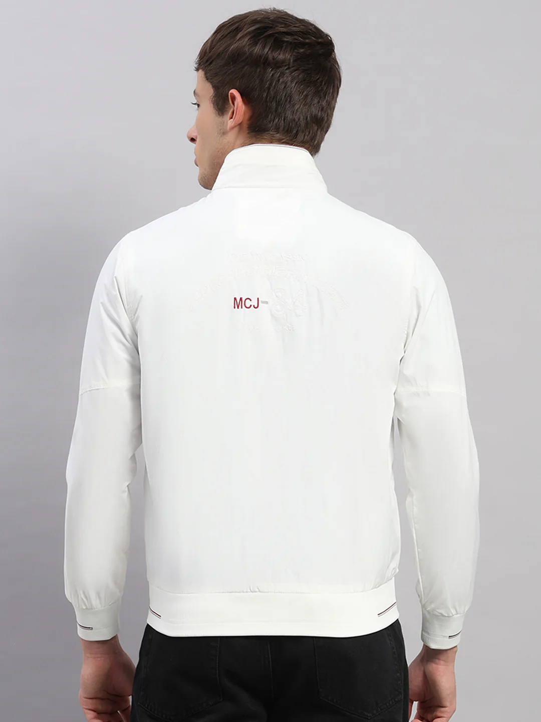 Men White Solid Stand Collar Full Sleeve Jacket - Image 5