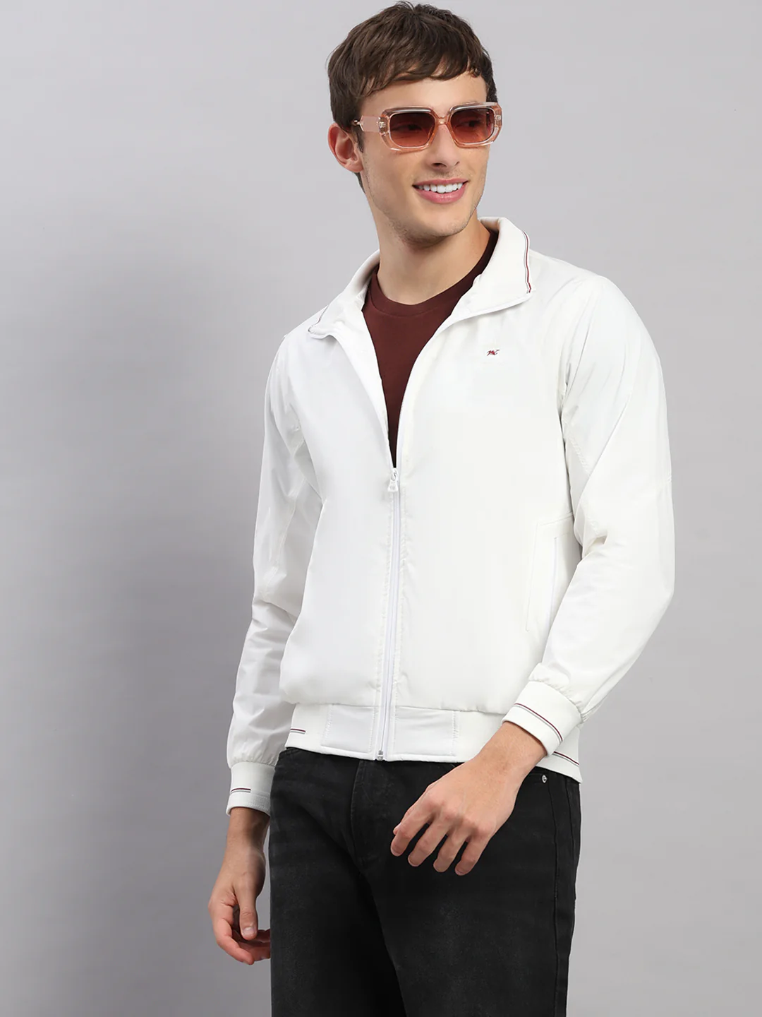 Men White Solid Stand Collar Full Sleeve Jacket - Image 6