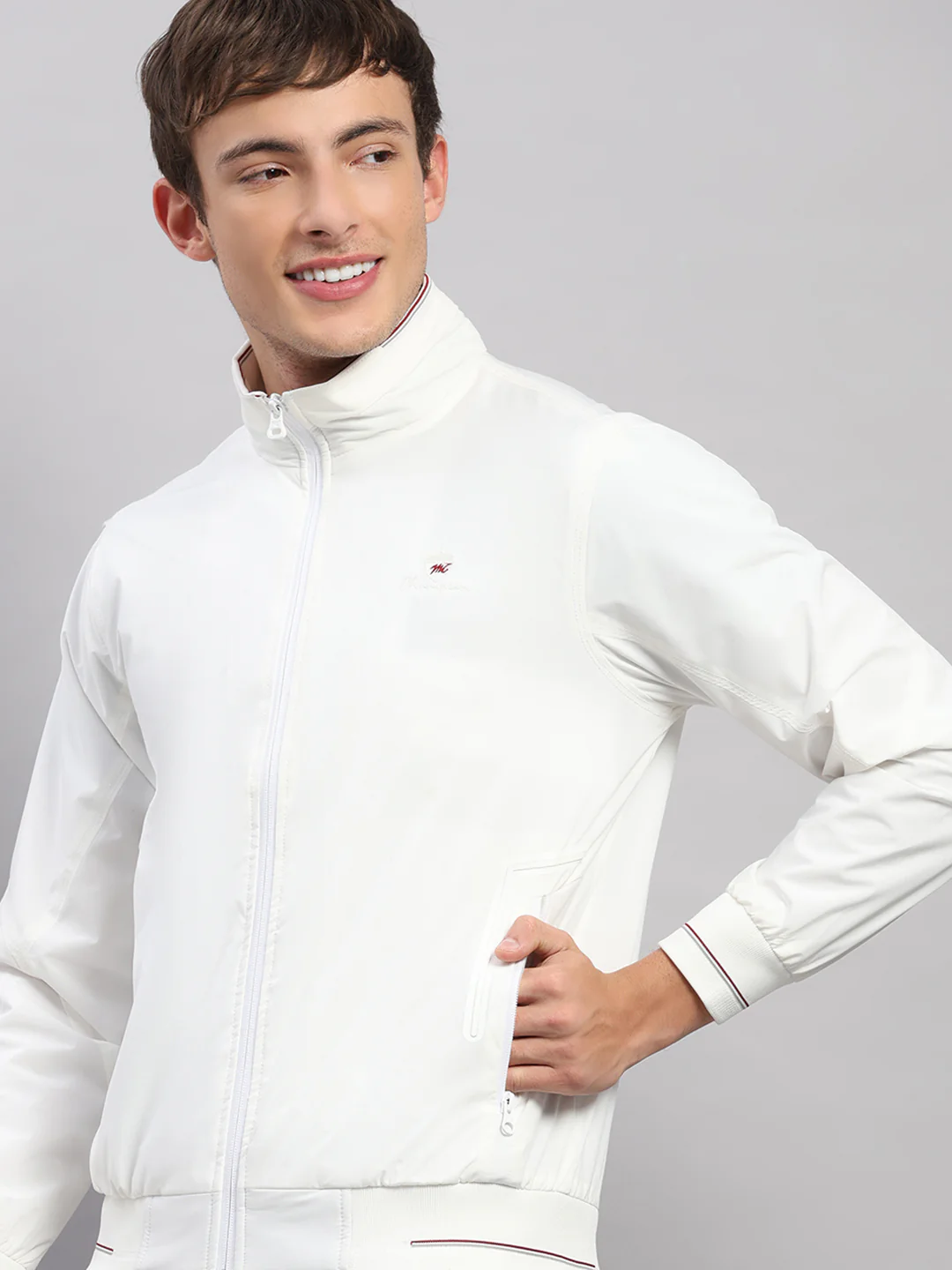Men White Solid Stand Collar Full Sleeve Jacket - Image 7