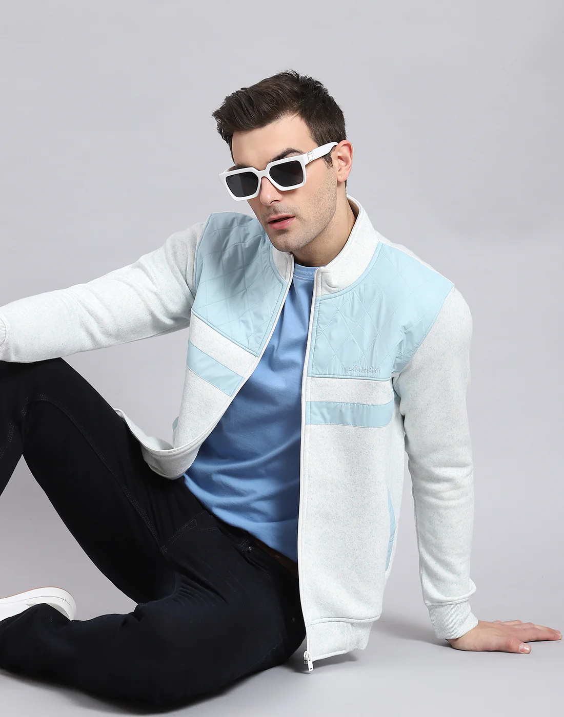 Men White Solid Stand Collar Full Sleeve Sweatshirt - Image 2