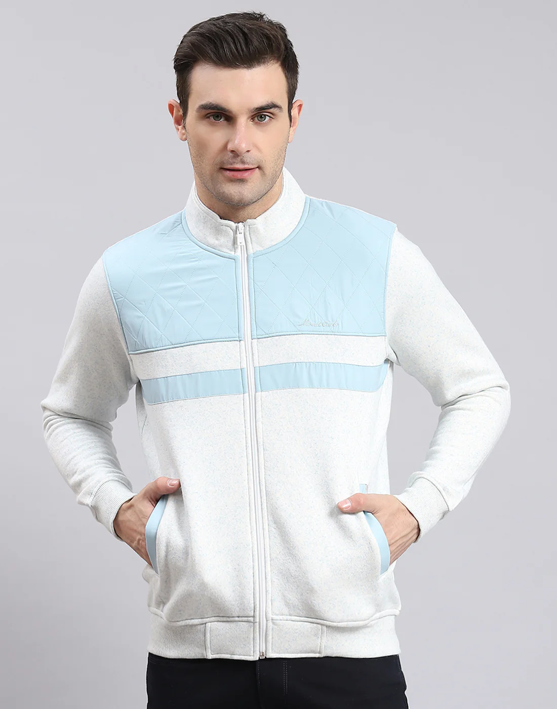 Men White Solid Stand Collar Full Sleeve Sweatshirt - Image 3
