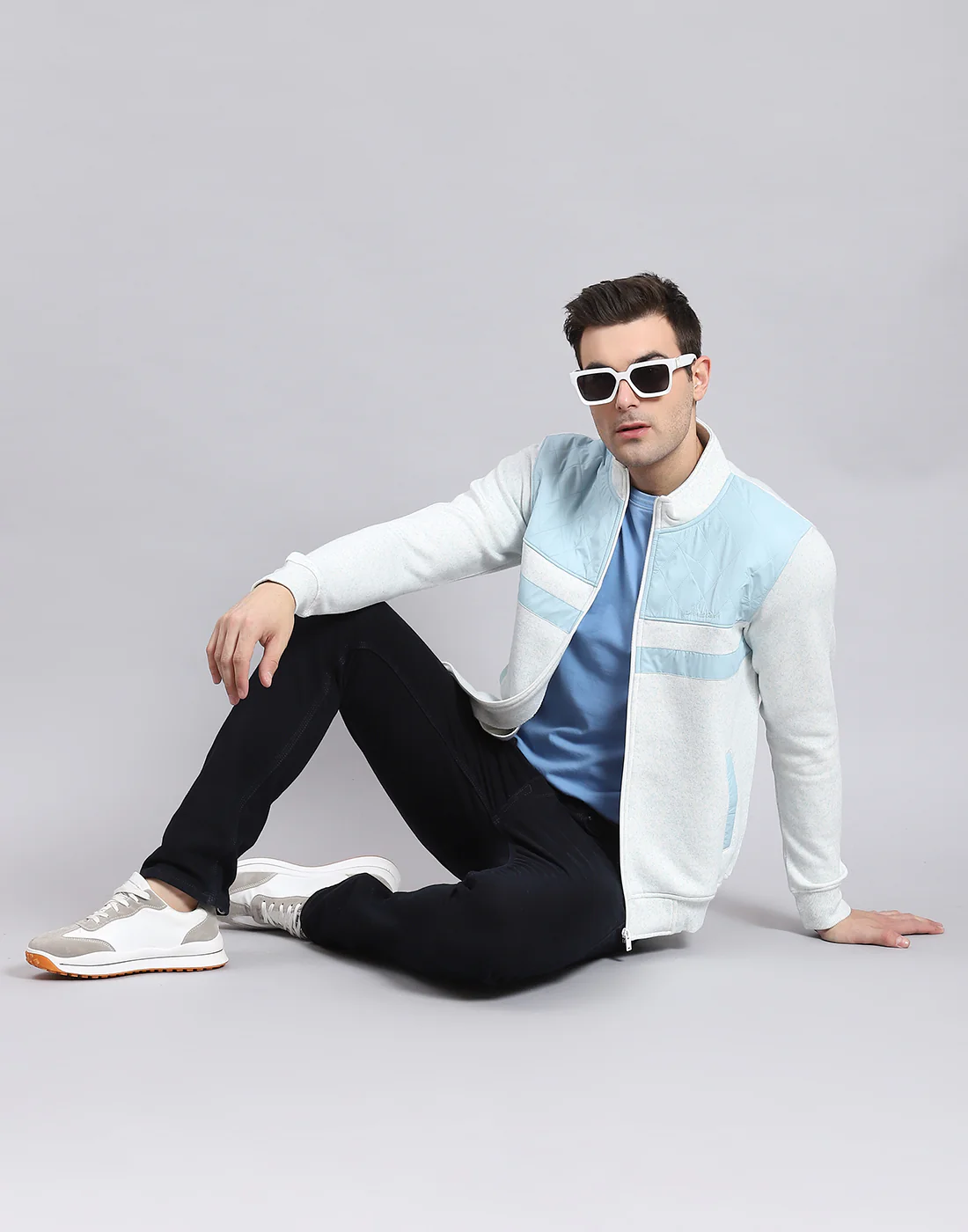 Men White Solid Stand Collar Full Sleeve Sweatshirt - Image 7