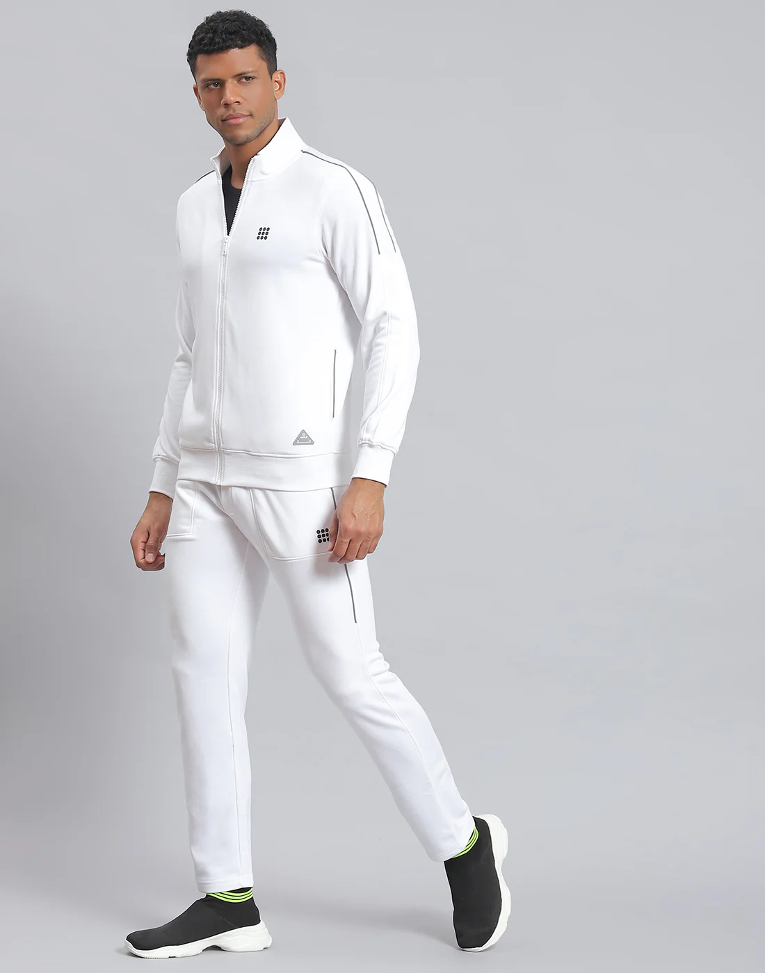 Rock.it Men White Solid Stand Collar Full Sleeve Tracksuit - Image 4