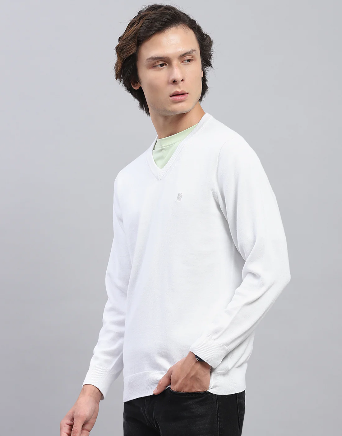 Men White Solid V Neck Full Sleeve Pullover - Image 3