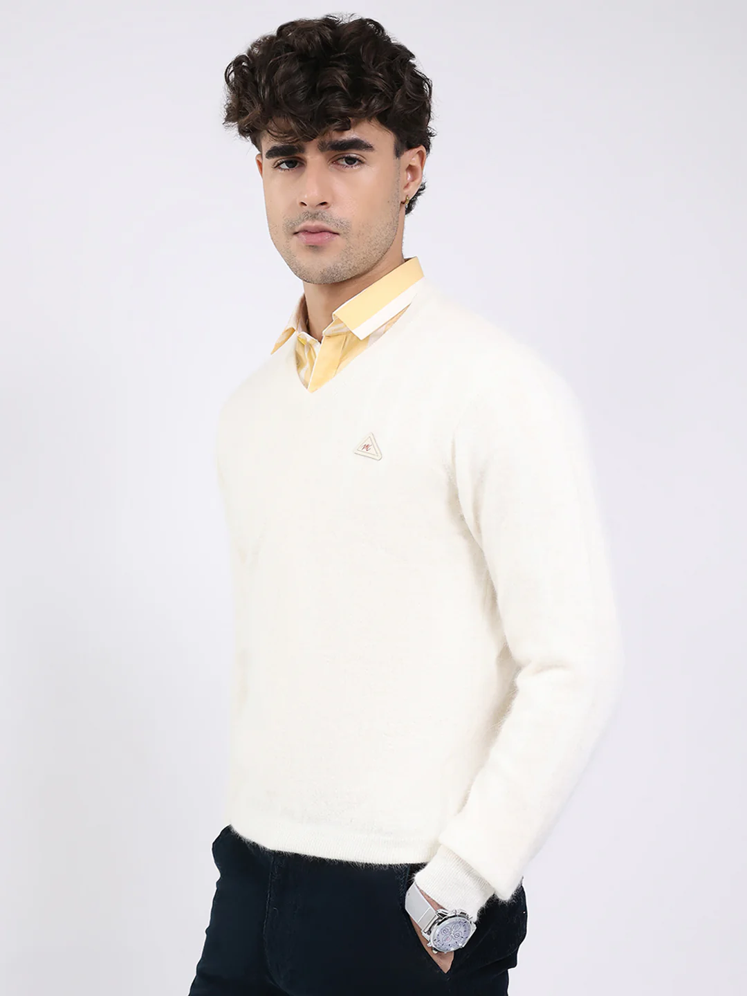 Men White Solid V Neck Full Sleeve Pullover - Image 3