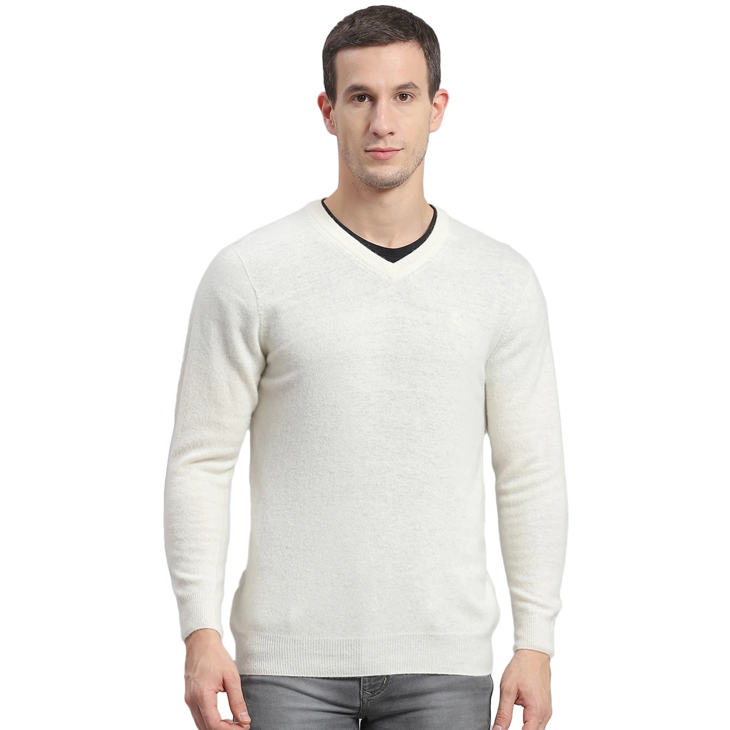 Men White Solid V Neck Full Sleeve Sweater - Image 5