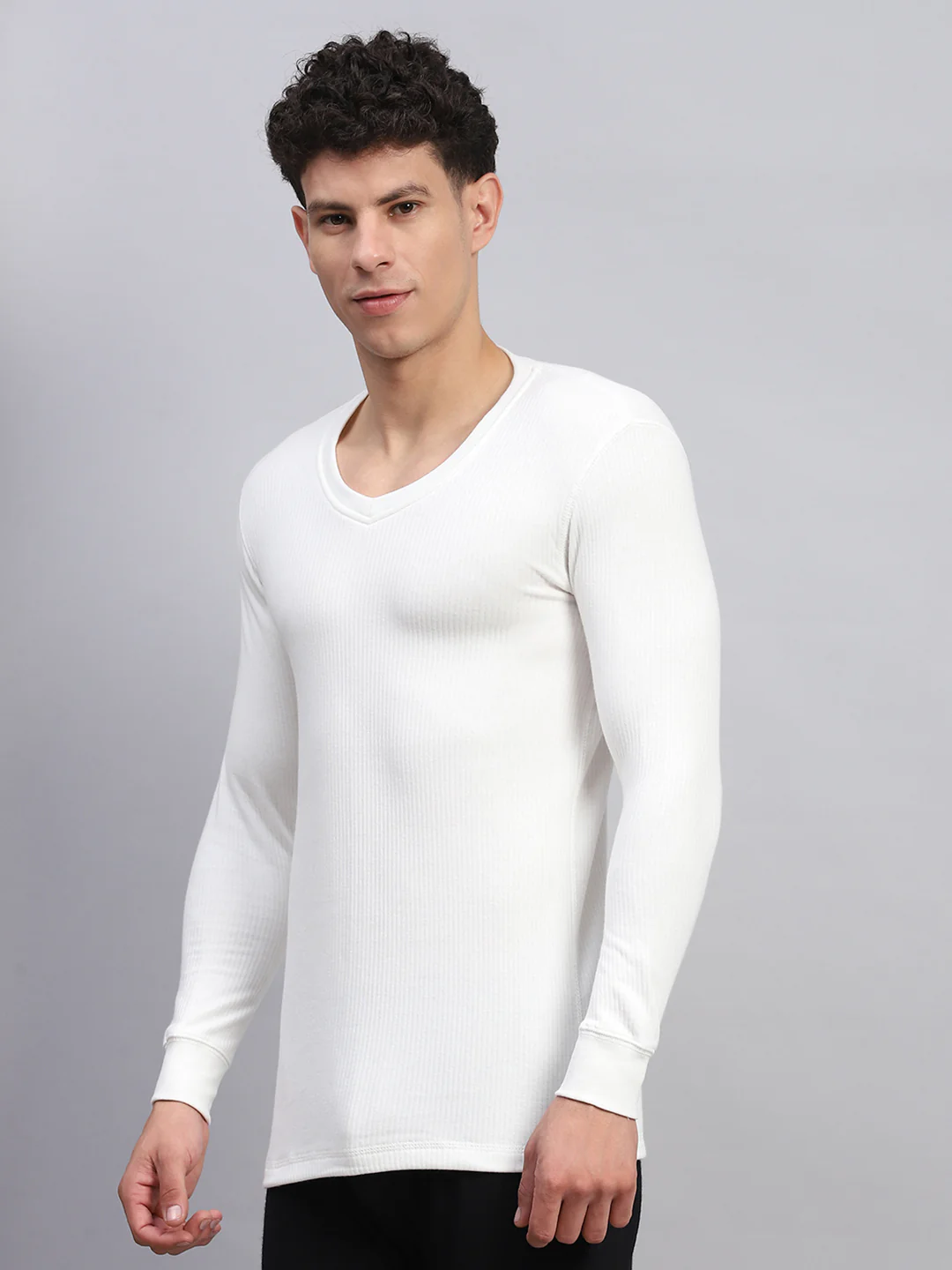 Men White Solid V Neck Full Sleeve Thermal Vest - Image 3