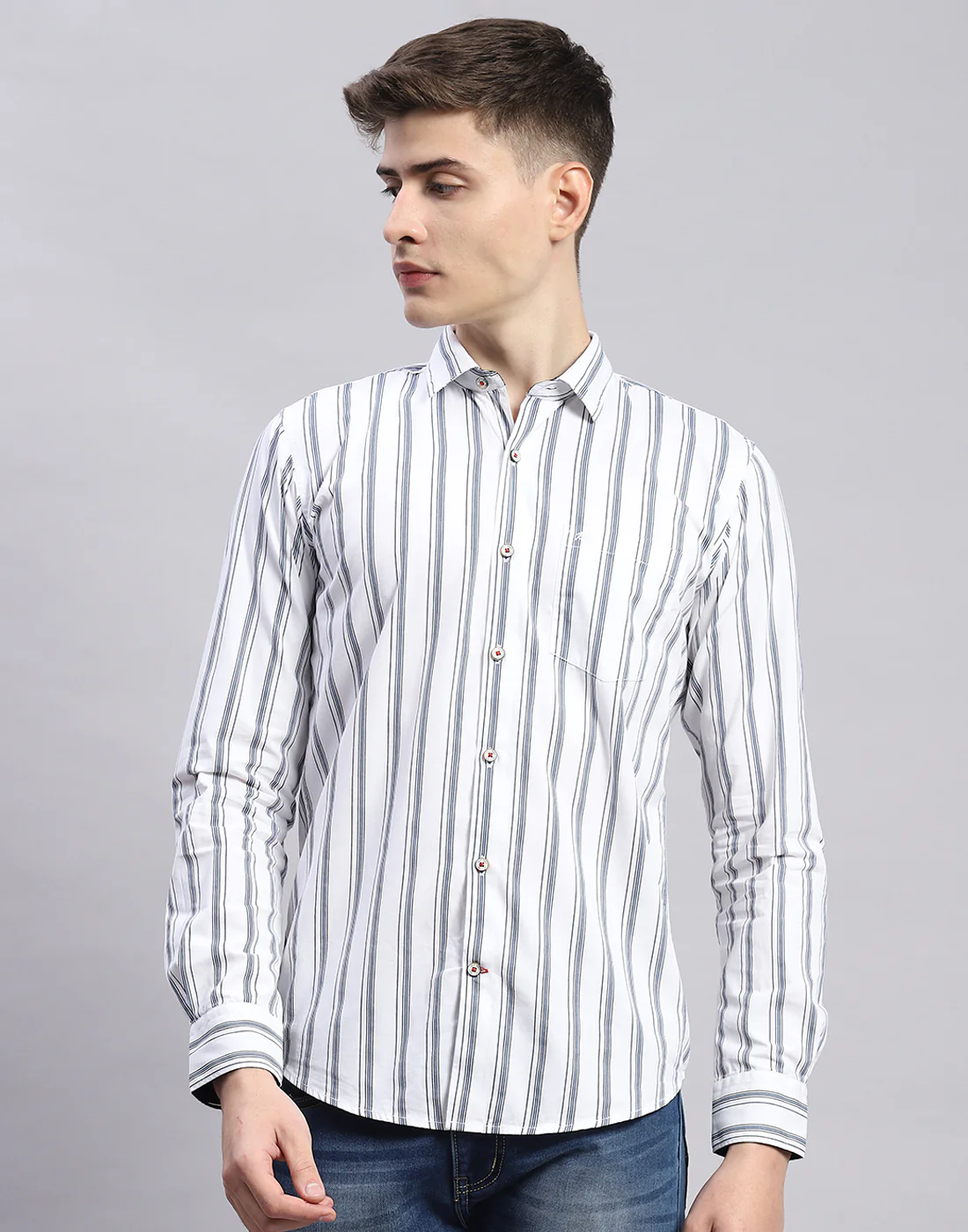 Men White Stripe Collar Full Sleeve Shirt - Image 3