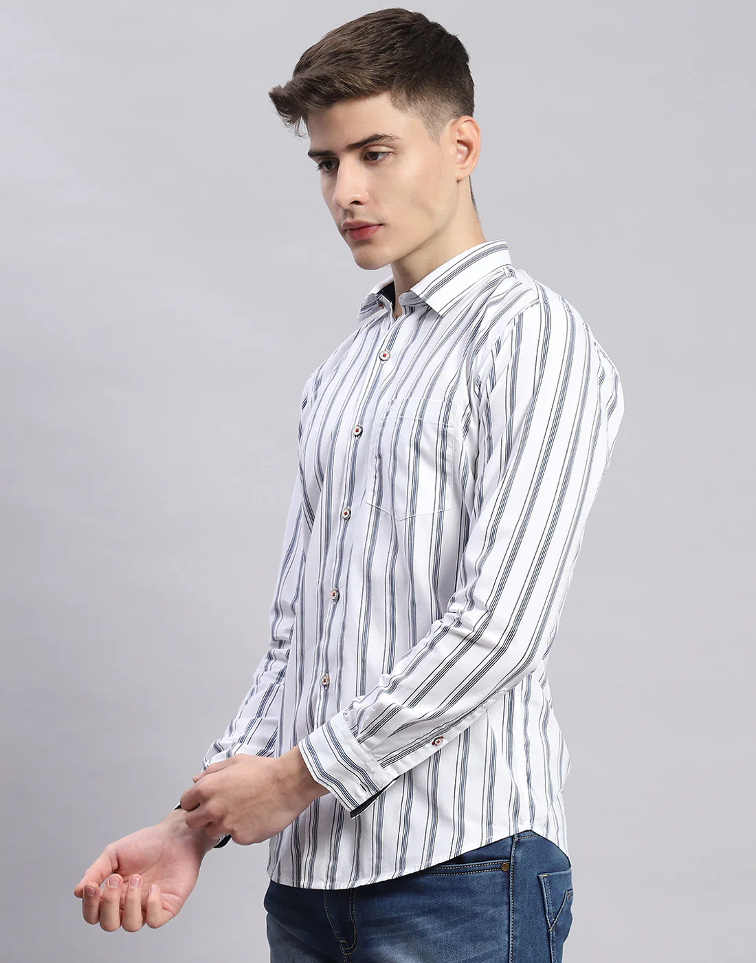 Men White Stripe Collar Full Sleeve Shirt - Image 4