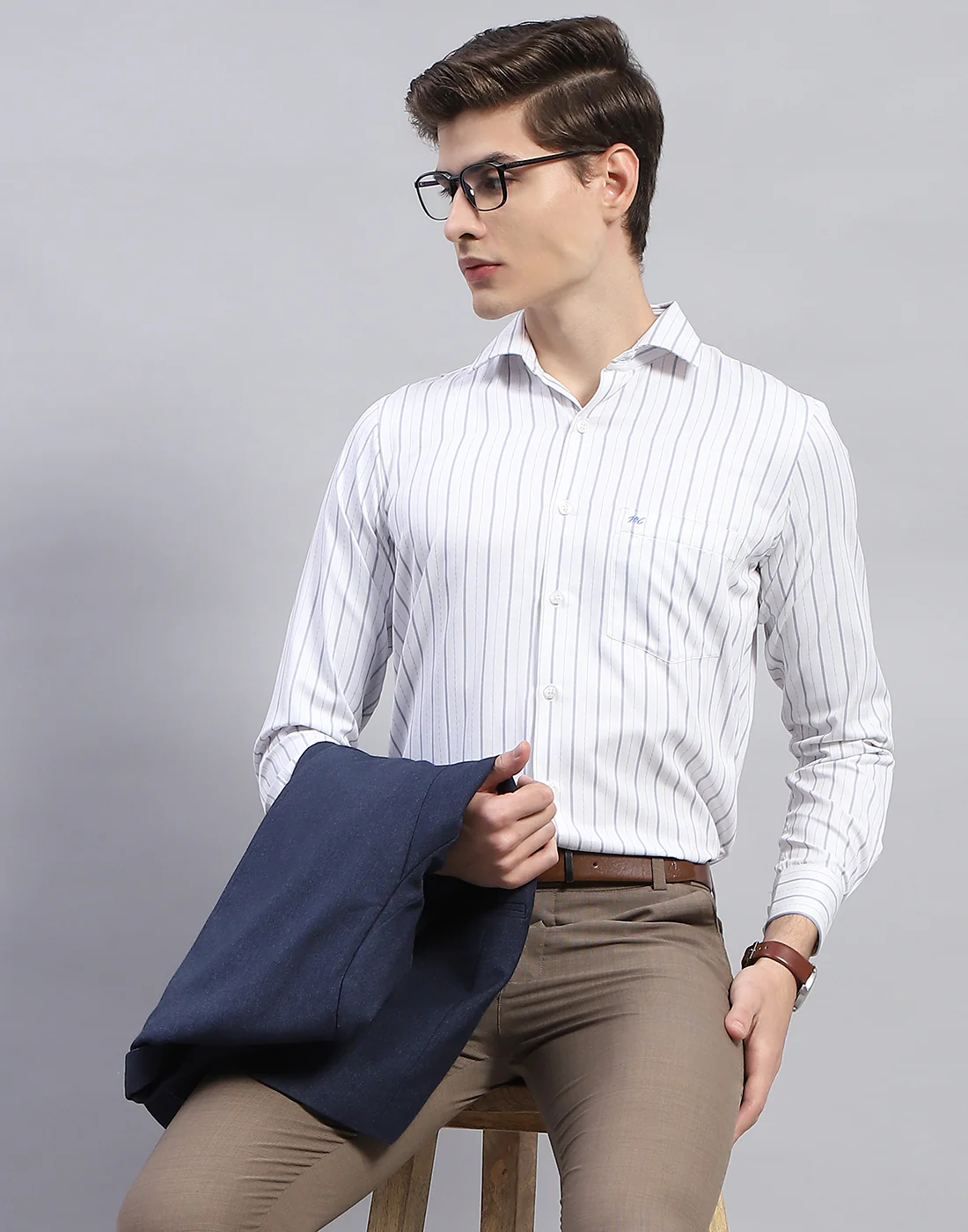 Men White Stripe Collar Full Sleeve Shirt - Image 2