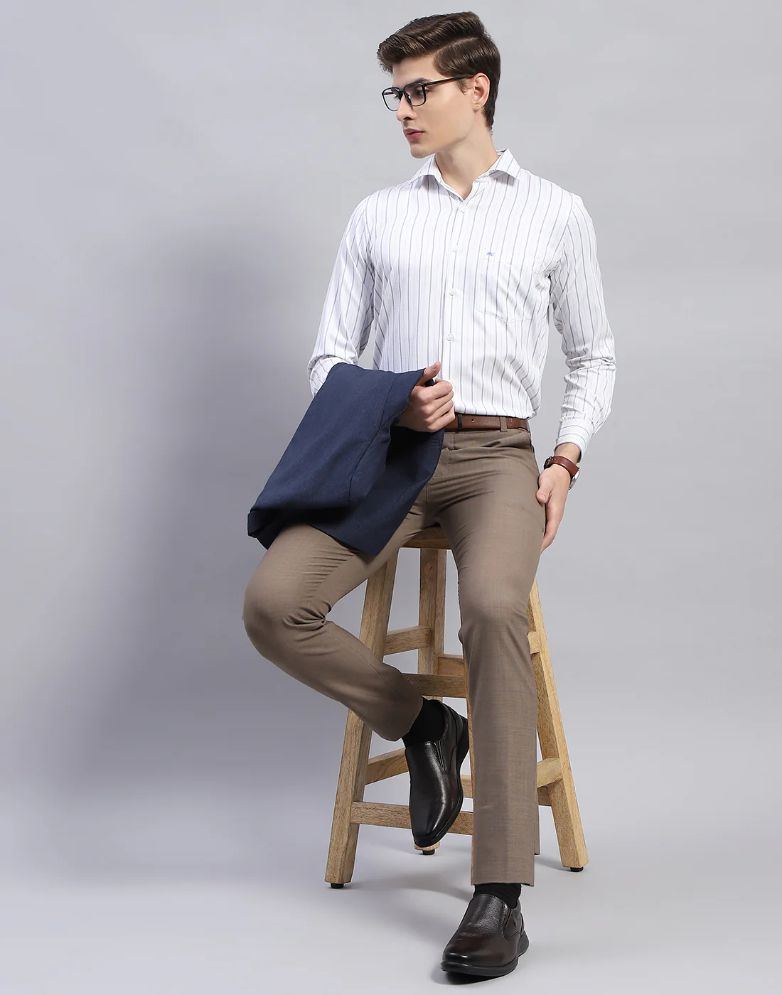 Men White Stripe Collar Full Sleeve Shirt - Image 3