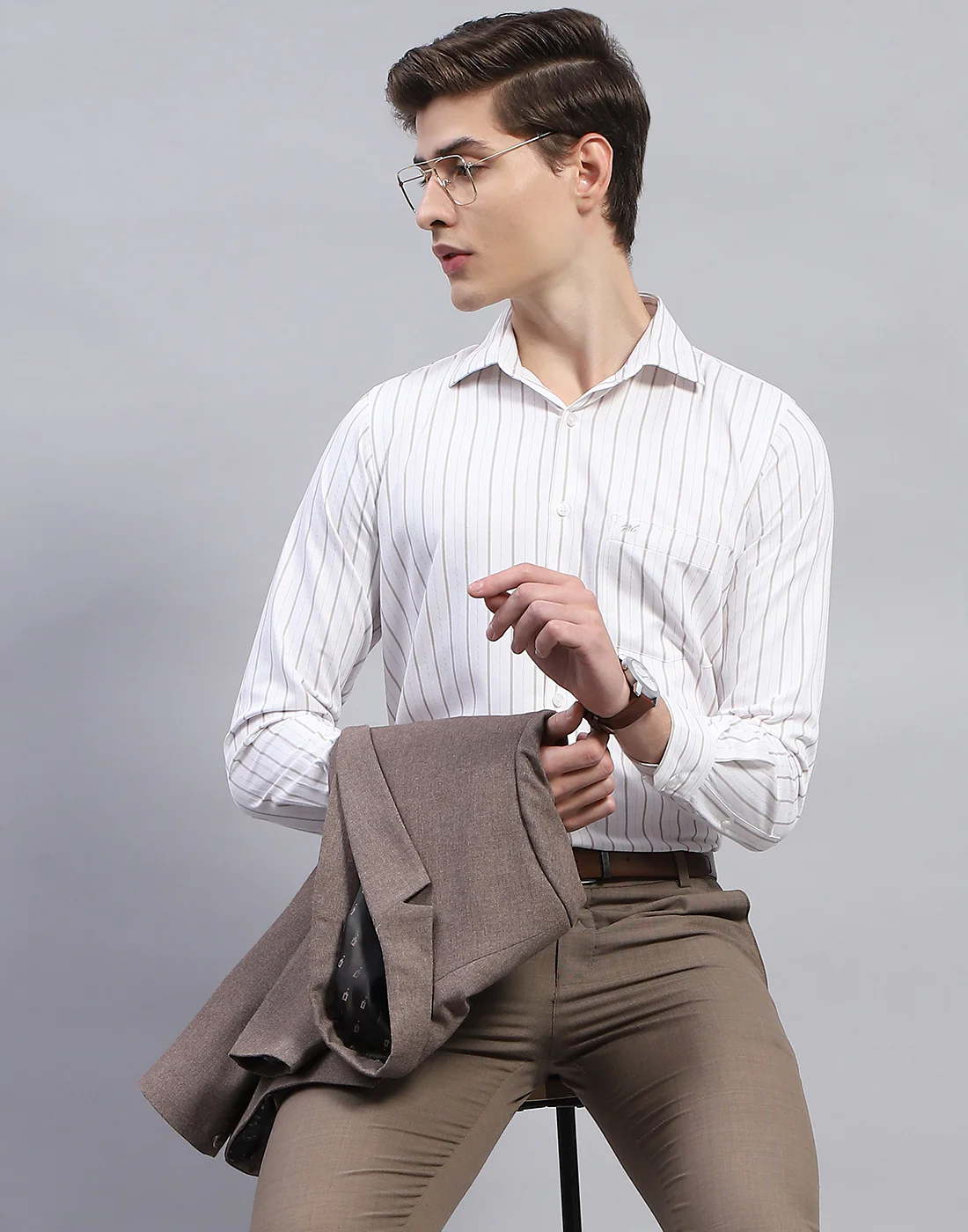 Men White Stripe Collar Full Sleeve Shirt - Image 2